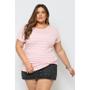 Imagem de Camiseta Feminina Blusa T-shirt Plus Size Cor Rosa Bebê Listrada Tamanho G Moda Curve