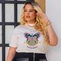 Imagem de Camiseta Feminina Gola Alta Manga Curta Plus Size De Algodão Confortável Com Estampa De Borboleta