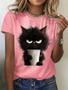 Imagem de Camiseta Feminina Verão - Manga Curta, Gola O, Estampa de Gato Branco