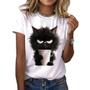 Imagem de Camiseta Feminina Verão - Manga Curta, Gola O, Estampa de Gato - Casual