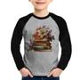 Imagem de Camiseta Raglan Infantil Livros e Flores Vintage Manga Longa - Foca na Moda