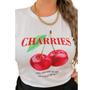 Imagem de Camiseta T Shirt Branco Feminina Tendencia Cerejas Estampa Exclusiva