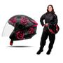 Imagem de Capacete Moto Aberto Preto Flores Rosa New Liberty Three Flowers Fosco Diversos Tamanhos + Capa de Chuva PVC