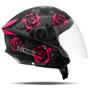 Imagem de Capacete Moto Aberto Preto Flores Rosa New Liberty Three Flowers Fosco Diversos Tamanhos + Capa de Chuva PVC