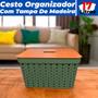 Imagem de Cesto Organizador Ármario Gaveta Rattan 17L Com Tampa de Madeira