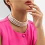 Imagem de Colar Choker Feminino 4 voltas pérolas Branca Gargantilha 4 fileira zircônias Prata Luxo Elegante Festa Casamento