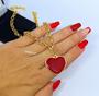 Imagem de Colar Feminino Corrente Grossa Elo Português Folheado Ouro Dourado com Pingente Coração Vermelho Presente Luxo
