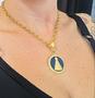 Imagem de Colar Religioso Feminino Corrente Elos Português com Pingente Medalha Nossa senhora Aparecida Azul Folheado Ouro Luxo