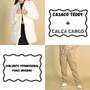 Imagem de Combo 1 Calça Cargo Feminina Boca Larga + Casaco Feminino Teddy Pelinho