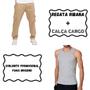 Imagem de Combo 1 Calça Masculina Cargo Boca Larga Com Elástico + 1 Regata Masculina Canelada Ribana Estilo Americana