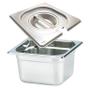 Imagem de CONJ 20 CUBAS Gastronômicas Em INOX GN 1/6x100 mm 1,5 Litros + 20 TAMPAS 1/6 Em INOX Com ABERTURA Para Colher ZAHAV