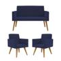 Imagem de Conjunto 2 Poltronas Decorativas Nina e 1 Namoradeira Pés Palito Suede Azul Marinho DecorArt