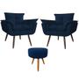 Imagem de Conjunto 2 Poltronas Decorativas Opala e 1 Puff Redondo Pés Palito Suede Azul Marinho DecorArt