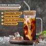 Imagem de Conjunto 4 Caneca Vidro 300 Ml Com Tampa E Canudo Para Bebidas Drinks, Suco, Agua - Kit Copos De Diferentes Grande Quadrada E Transparente