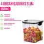 Imagem de Conjunto 4 Potes Organizadores Multiuso 950ml  C/ Tampa Hermético P/ Alimentos Empilháveis Transparentes Geladeira