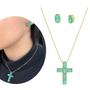 Imagem de Conjunto Brinco Gota e Colar Crucifixo Cravejado Verde Luxo