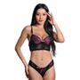 Imagem de Conjunto Calcinha e Sutiã com Bojo Rendado Fio Dental Lingerie Preto com Pink