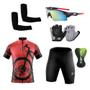 Imagem de Conjunto Ciclismo Camisa c/ Proteção UV e Bermuda c/ Gel + Luvas Ciclismo + Óculos + Manguitos