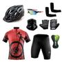 Imagem de Conjunto Ciclismo Camisa e Bermuda + Capacete de Ciclismo C/ Luz LED + Luvas de Ciclismo + Óculos Esportivo +  Par de Manguitos + Bandana