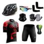 Imagem de Conjunto Ciclismo Camisa Proteção Uv e Bermuda + Capacete Ciclismo + Luva Ciclismo + Óculos Esportivo +  Manguito + Bandana