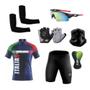 Imagem de Conjunto Ciclismo Camisa Proteção UV e Bermuda em Gel + Luvas Ciclismo + Óculos + Manguitos + Bandana