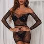 Imagem de Conjunto Cropped e Saia Arrastão Com Strass Transparente Sexy 