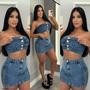 Imagem de Conjunto Cropped sem Alça Saia Jeans com Lycra Pimenta Original