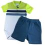 Imagem de Conjunto curto bebê body branco verde e azul com botões e shorts azul liso