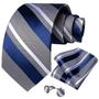 Imagem de Conjunto de Abotoaduras e Gravata Listrada Azul com Lenço de Bolso para Homem