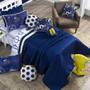 Imagem de Conjunto de Cama Kit 06 Peças Colcha Infantil Cobre Leito Dupla Face Futebol Game Azul Marinho c/ Almofadas Solteiro - Quarto Menino Copa do Mundo