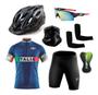Imagem de Conjunto de Ciclismo Camisa e Bermuda C/ Proteção UV + Capacete de Ciclismo C/ Luz Led + Óculos Esportivo Espelhado + Par de Manguitos + Bandana