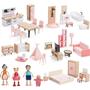 Imagem de Conjunto de móveis Giant Bean Wooden Dollhouse, 36 peças de móveis com 4 bonecas familiares, acessórios de casa de bonecas Pretend Play Furniture, brinquedos para meninos, meninas e crianças de mais de 3 anos, rosa