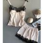 Imagem de Conjunto de Pijama Feminino de Cetim com Decote V, Renda e Laço - Babydoll e Shorts