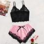 Imagem de Conjunto De Pijamas De Renda Sexy Feminino Preto Rosa Respirável Confortável Transparente Pijama