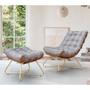 Imagem de Conjunto Decorativo Poltrona e Puff Caim Base de Madeira Dourada Linho Cinza G41 - Gran Belo