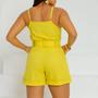 Imagem de Conjunto Feminino Alfaiataria Linho Blusa Regata Short Cinto Amarelo