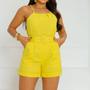 Imagem de Conjunto Feminino Alfaiataria Linho Blusa Regata Short Cinto Amarelo