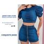 Imagem de Conjunto feminino de blusa e short saia jeans