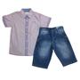 Imagem de Conjunto Festa Zemar Masc Camisa Listrada e Bermuda Jeans