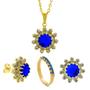 Imagem de Conjunto Girassol Gargantilha Brincos Meia Aliança Azul Safira Banhado Ouro Amarelo 18 k - KIT16427