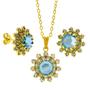 Imagem de Conjunto Girassol Solitário Gargantilha Brincos Aliança Aquamarine Banhado Ouro Amarelo 18 k - KIT16438