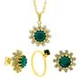 Imagem de Conjunto Girassol Solitário Gargantilha Brincos Verde Esmeralda Banhado Ouro Amarelo 18 k - KIT16422