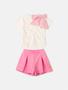 Imagem de Conjunto Infantil Animê Verão Shorts Rosa e Blusa Branca Lacinho