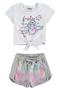 Imagem de Conjunto Infantil Blusa em Malha Estampa de Tênis Divertido e Nó Frontal Shorts em Moletom e Aplique de Paetês Tie Dye -