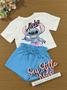 Imagem de Conjunto Infantil Momi Verão Shorts Azul e Blusa Stitch Disney