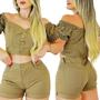 Imagem de Conjunto Jeans Feminino Short Barra Dobrada Cintura Alta 2 Peças Standard Size 100% Algodão Premium Efeito Empina Bumbum