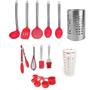 Imagem de Conjunto Kit Jogo Colheres Silicone Utensílios Vermelho Escorredor 16 Peças