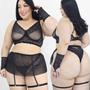 Imagem de Conjunto Lingerie Plus Size Cinta Liga Saia Tule Transparência Calcinha fio Luvas