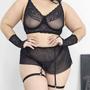 Imagem de Conjunto Lingerie Plus Size Cinta Liga Saia Tule Transparência Calcinha fio Luvas