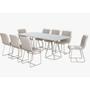 Conjunto Mesa de Jantar Milão Off White com 8 Cadeiras Cristal Couro Pérola Metal Champanhe - C&M Decor Imagem de Conjunto Mesa de Jantar Milão Off White com 8 Cadeiras Cristal Couro Pérola Metal Champanhe
